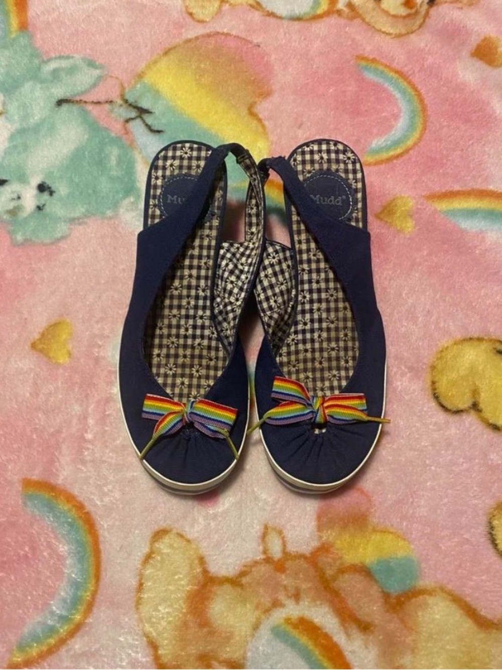 Mudd Navy Slingback Wedge Sandals with Rainbow Bow Accent
